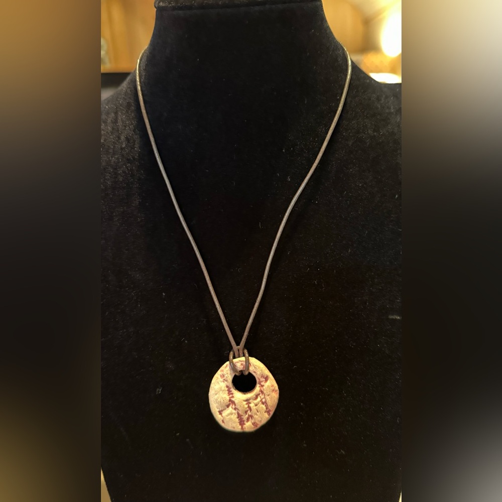 Stone Donut Necklace with a Brown Leather Cord